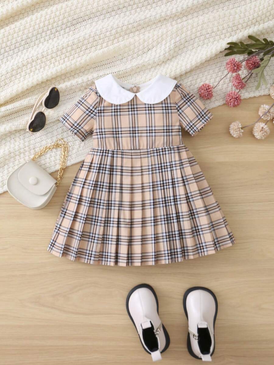 SHEIN Đứa bé gái In kẻ sọc Cổ tròn Viền xếp Đầm - Nhiều màu - Xem 1