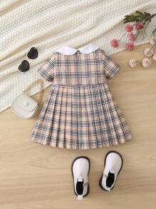 SHEIN Đứa bé gái In kẻ sọc Cổ tròn Viền xếp Đầm - Nhiều màu - Xem 2