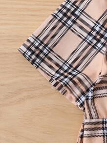 SHEIN Đứa bé gái In kẻ sọc Cổ tròn Viền xếp Đầm - Nhiều màu - Xem 3