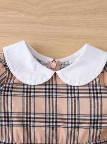 SHEIN Đứa bé gái In kẻ sọc Cổ tròn Viền xếp Đầm - Nhiều màu - Xem 5