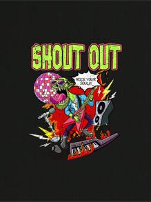 SHEIN Coolane 字母和卡通圖案落肩袖抽繩連帽衫 - 黑色 - 查看 4