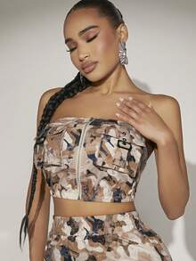 SHEIN SXY 迷彩印花翻蓋口袋抹胸上衣 - 彩色 - 查看 4