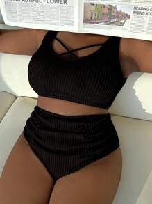 SHEIN Swim Curve Plus Size Crisscross Ruched High Waist Bikini Set Summer Beach - Black - View 4