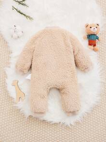 SHEIN Newborn Baby Girls' Cute Style Comfortable Plush Round Neck Long Sleeve Jumpsuit Thick Warm Jumpsuit