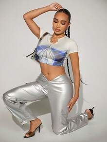 SHEIN SXY 人像和錬條圖案短款T恤 - 彩色 - 查看 6