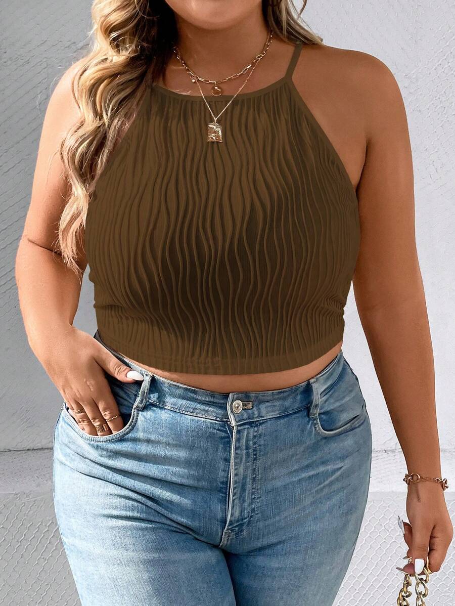 Calvaya 大碼素色吊帶短上衣 - 咖啡棕 - 查看 1