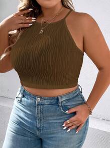 Calvaya 大碼素色吊帶短上衣 - 咖啡棕 - 查看 3