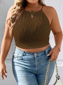 Calvaya 大碼素色吊帶短上衣 - 咖啡棕 - 查看 5