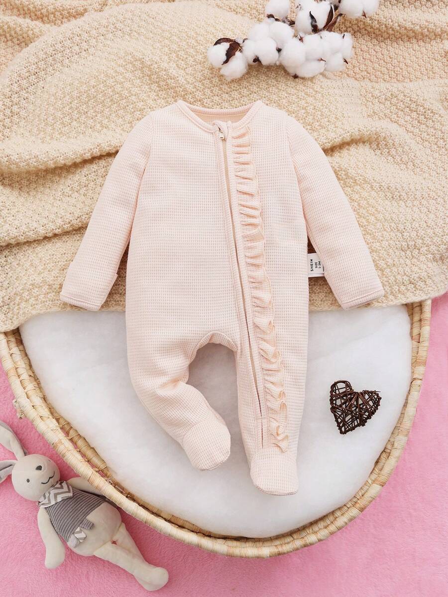 SHEIN Newborn Baby Girls' Cute Comfortable Snap-front Footed Romper With Lace Trimmed Long Sleeves - Baby Pink - View 1