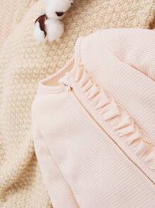 SHEIN Newborn Baby Girls' Cute Comfortable Snap-front Footed Romper With Lace Trimmed Long Sleeves - Baby Pink - View 3