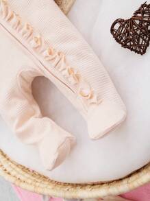 SHEIN Newborn Baby Girls' Cute Comfortable Snap-front Footed Romper With Lace Trimmed Long Sleeves - Baby Pink - View 4