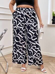 SHEIN Privé 大碼滿版字母圖案闊腿褲 - 黑與白 - 查看 1