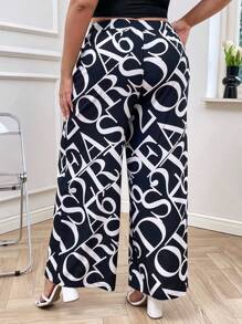 SHEIN Privé 大碼滿版字母圖案闊腿褲 - 黑與白 - 查看 2