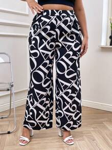 SHEIN Privé 大碼滿版字母圖案闊腿褲 - 黑與白 - 查看 5