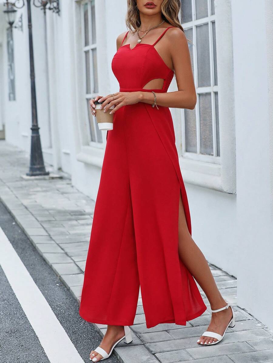 SHEIN LUNE Solid Split Thigh Cami Jumpsuit - Burgundy - View 1