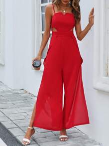 SHEIN LUNE Solid Split Thigh Cami Jumpsuit - Burgundy - View 4