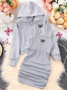 SHEIN cô gái mười hai In bướm Viền ven Váy Dây & Áo Zip Up Hoodie - Xám - Xem 1