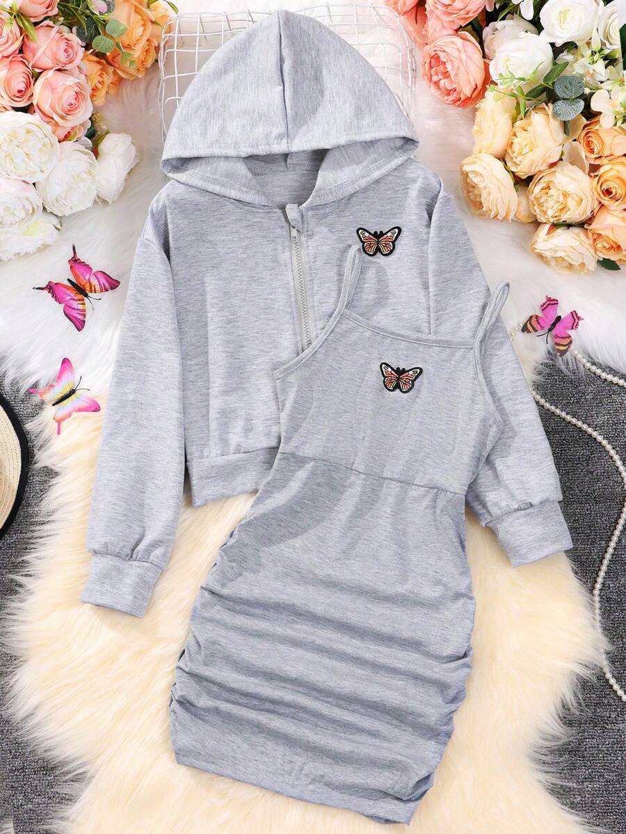 SHEIN cô gái mười hai In bướm Viền ven Váy Dây & Áo Zip Up Hoodie - Xám - Xem 1