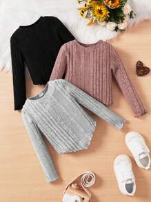 SHEIN 女嬰3入組木耳邊條紋針織T恤 - 彩色 - 查看 1