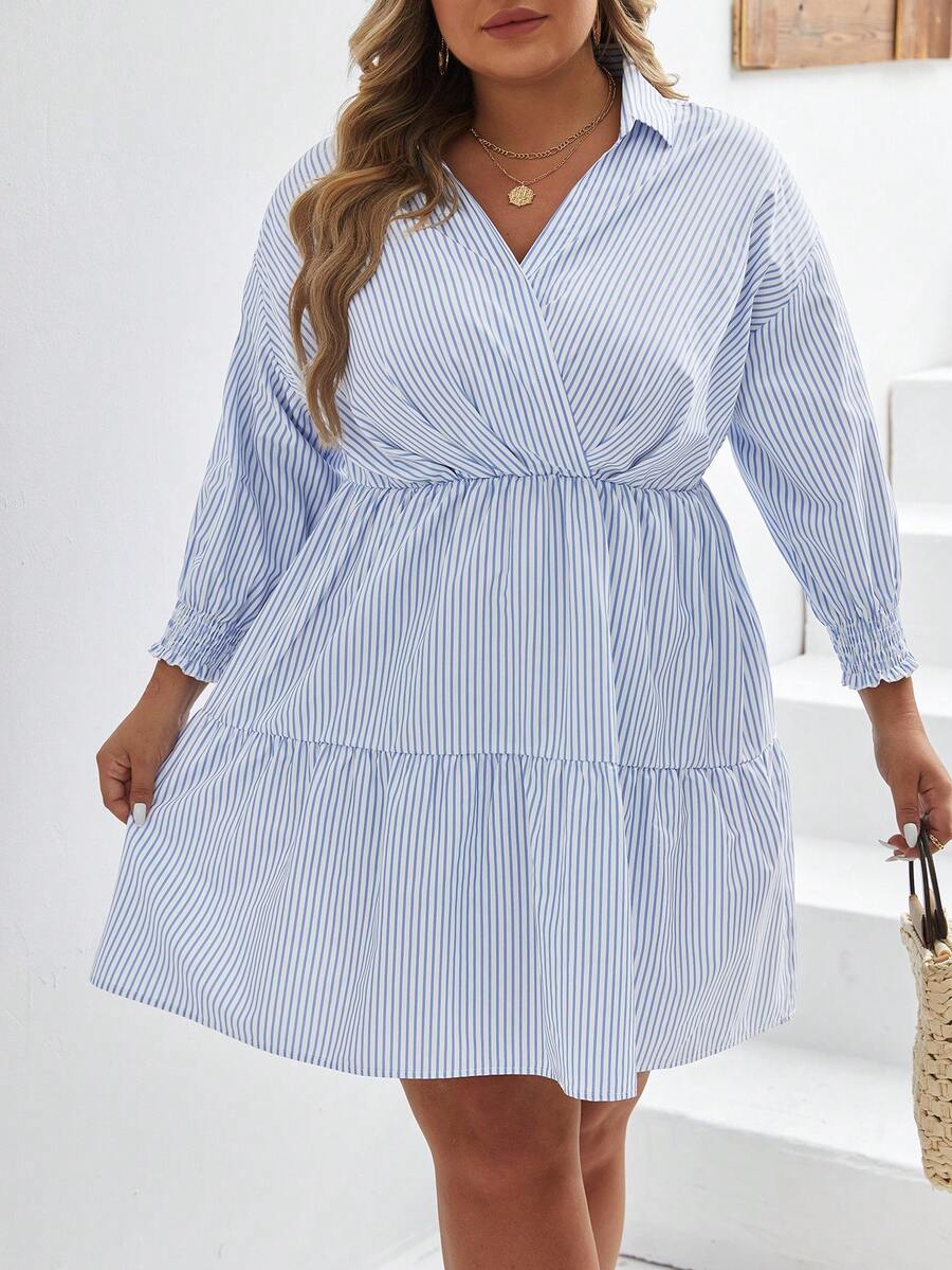 SHEIN Frenchy Hơn In sọc Xù Hoa Sen Đầm - Xanh và trắng - Xem 1