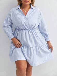 SHEIN Frenchy Hơn In sọc Xù Hoa Sen Đầm - Xanh và trắng - Xem 5