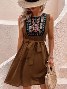 SHEIN VCAY Floral Embroidery Belted Dress - Brown - View 4
