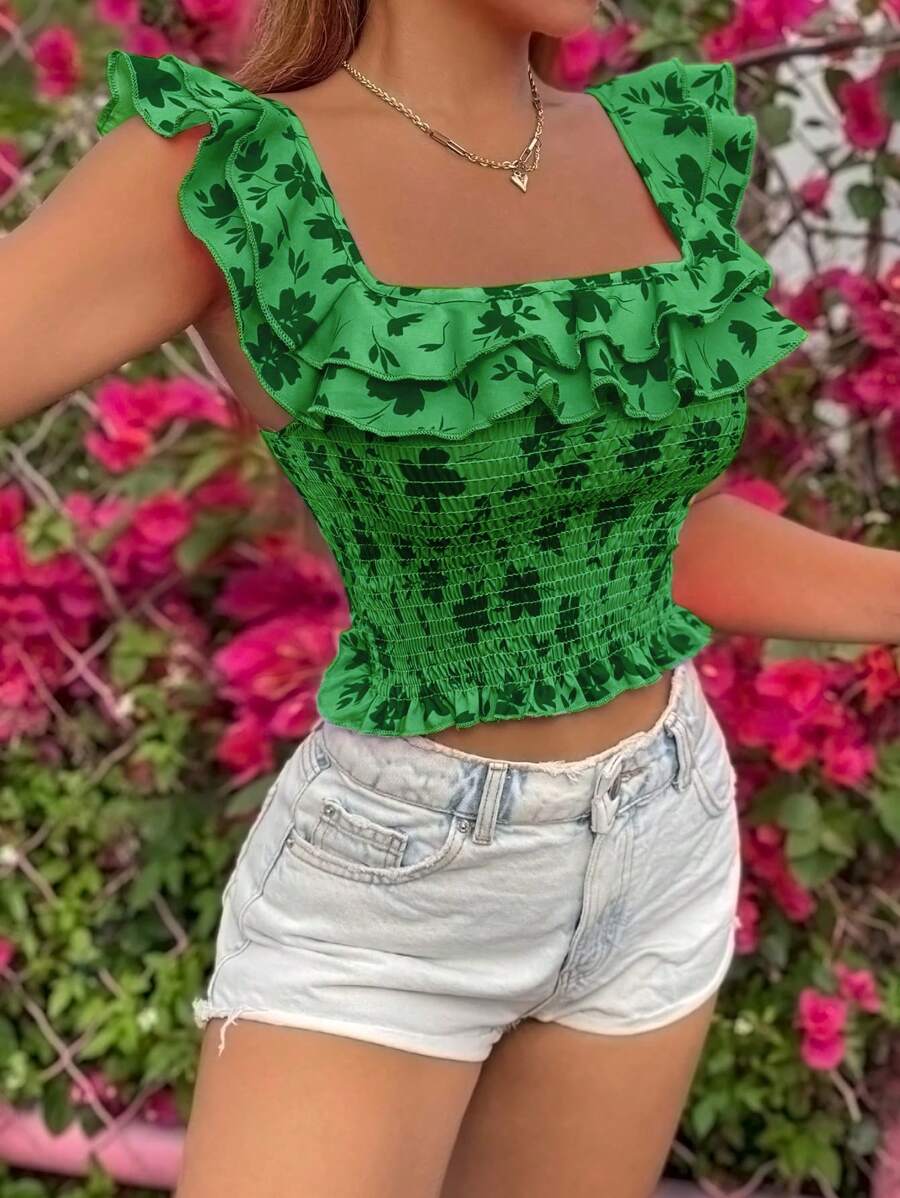 SHEIN VCAY 印花荷葉邊短款上衣 - 綠色 - 查看 1