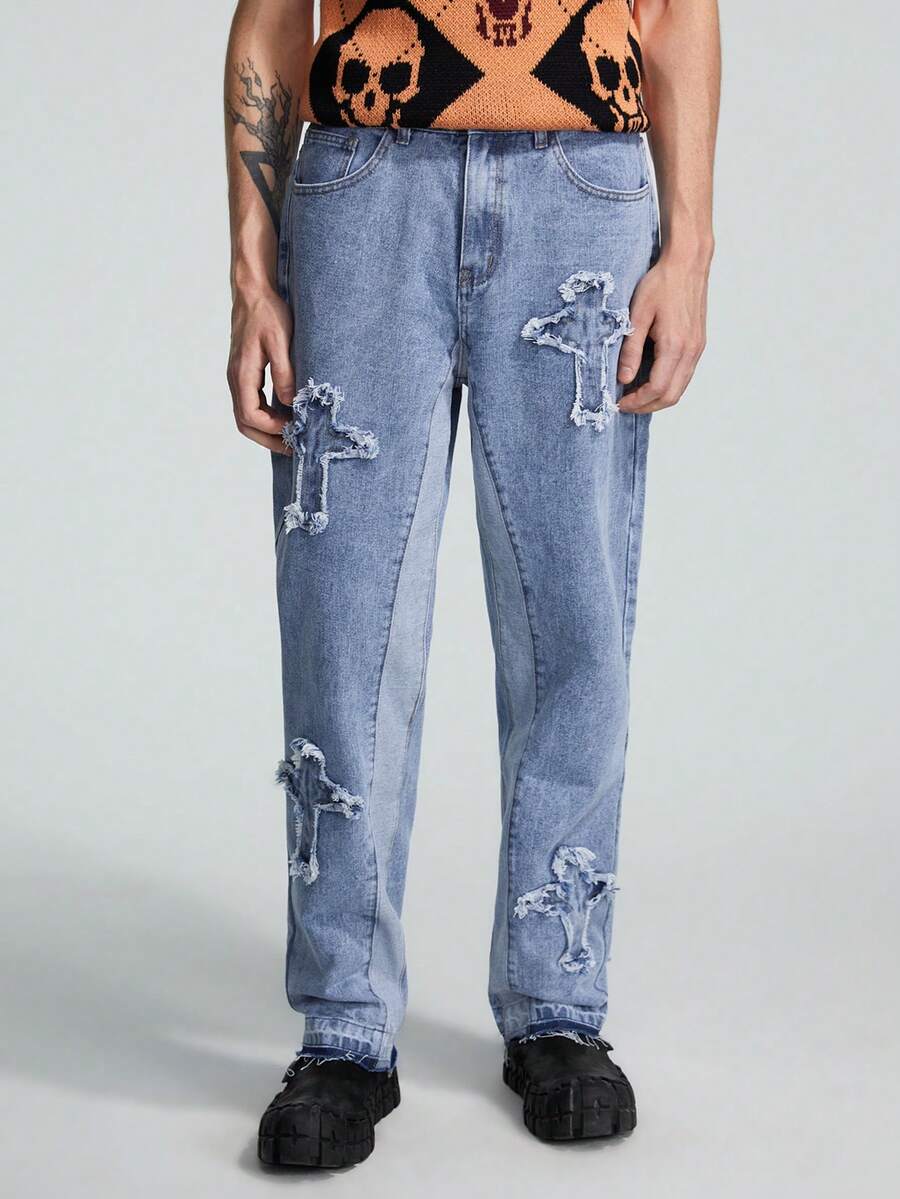 ROMWE MEN Các bạn Hoa văn chữ thập Xén Thô Quần legging thẳng - Rửa nhẹ - Xem 1