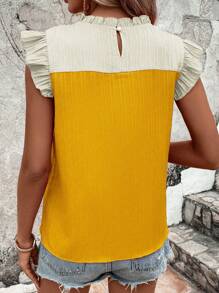 SHEIN LUNE Colorblock Frill Neck Keyhole Back Blouse - Yellow - View 2