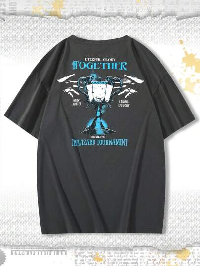 Harry Potter | ROMWE قميص رجالي بقصّة الكتف المنخفض الرسالة الرسومية