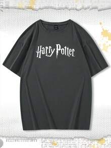 ROMWE MEN Harry Potter | ROMWE Camiseta De Hombro Caído Con Gráfico De Carta Para Hombre - Gris Oscuro - Ver 2