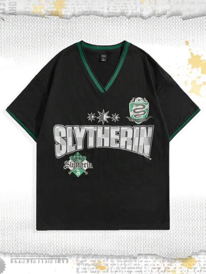 Harry Potter | ROMWE Men Letter Graphic Contrast Trim Tee, School