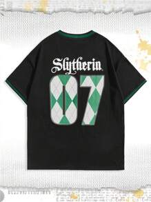 ROMWE MEN Harry Potter | ROMWE 男士字母图案撞色边饰 T 恤，学校 - 黑色 - 查看 2