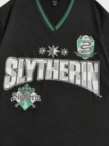 ROMWE MEN Harry Potter | ROMWE 男士字母图案撞色边饰 T 恤，学校 - 黑色 - 查看 3