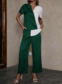 SHEIN Clasi Hai âm Đường viền cổ có rãnh Áo sơ mi & Quần ống rộng - Màu xanh lá cây đậm - Xem 1