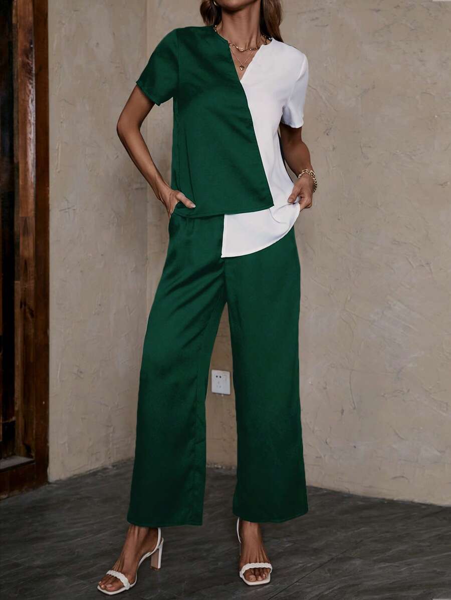 SHEIN Clasi Hai âm Đường viền cổ có rãnh Áo sơ mi & Quần ống rộng - Màu xanh lá cây đậm - Xem 1