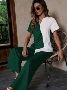 SHEIN Clasi Hai âm Đường viền cổ có rãnh Áo sơ mi & Quần ống rộng - Màu xanh lá cây đậm - Xem 4