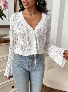SHEIN Essnce 前繫帶網眼針織喇叭袖開襟衫 - 白色 - 查看 1