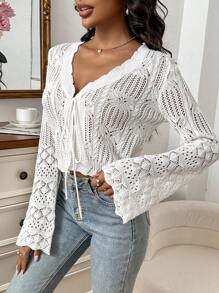 SHEIN Essnce 前繫帶網眼針織喇叭袖開襟衫 - 白色 - 查看 3