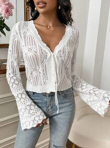 SHEIN Essnce 前繫帶網眼針織喇叭袖開襟衫 - 白色 - 查看 4