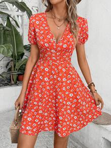 Breezaya Allover Floral Print Puff Sleeve Dress Vacation Beach Outfits Women - Orange - View 3