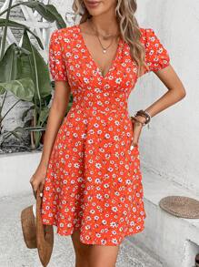 Breezaya Allover Floral Print Puff Sleeve Dress Vacation Beach Outfits Women - Orange - View 5