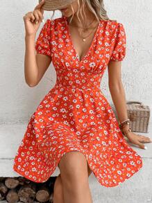 Breezaya Allover Floral Print Puff Sleeve Dress Vacation Beach Outfits Women - Orange - View 6