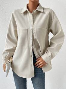 Chiquease Thả vai Vá Túi Nút phía trước áo - Màu be - Xem 3