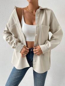 Chiquease Thả vai Vá Túi Nút phía trước áo - Màu be - Xem 5