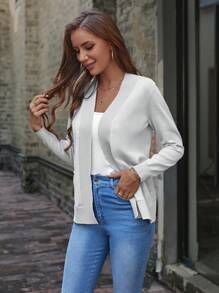 SHEIN Women's Casual Comfortable Open Front Double Pocket Raglan Sleeve Cardigan In Fall/Winter - Light Grey - View 3