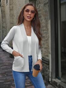 SHEIN Women's Casual Comfortable Open Front Double Pocket Raglan Sleeve Cardigan In Fall/Winter - Light Grey - View 5