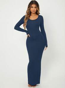 SHEIN SXY Solid Maxi Bodycon Dress - Navy Blue - View 1