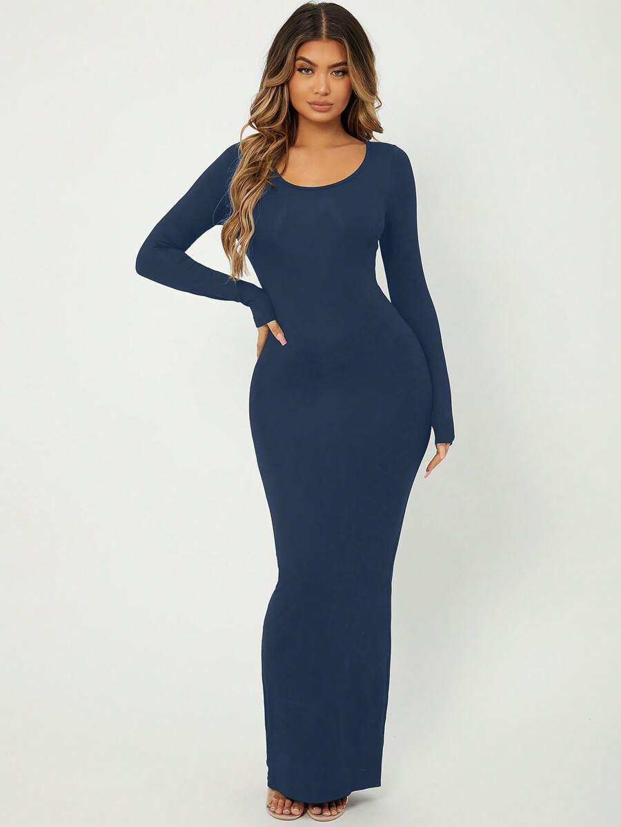 SHEIN SXY Solid Maxi Bodycon Dress - Navy Blue - View 1