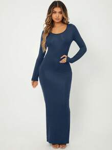 SHEIN SXY Solid Maxi Bodycon Dress - Navy Blue - View 4